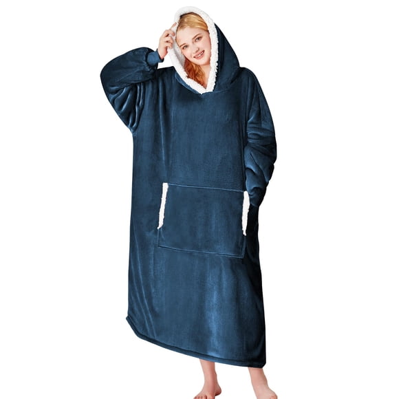 Manta portátil con capucha Yescool, franela, forro polar sherpa, azul marino