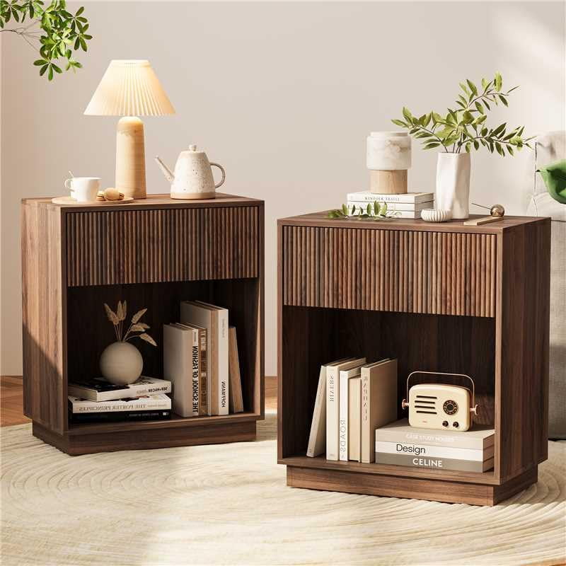 Juego De Mesitas De Noche Innod Fluted Modern Con Cajón Y Estante, 2 Unidades
