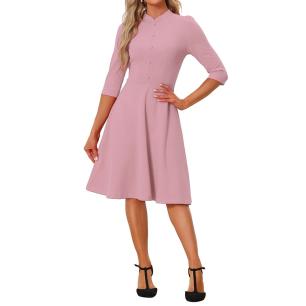 INSPIRE CHIC Vestido Vintage para Mujer Conjunto de Maestra de Regreso a Clases Vestido de Oficina de Línea A con Cuello Alto y Mangas 3/4 M Rosa
