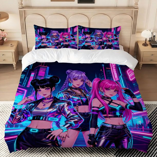 Vintage Neon K-POP Group Cyberpunk Trio Pattern Digital Print Set Polyester Skin-Friendly Fabric