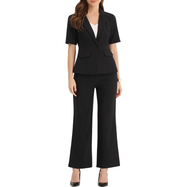 INSPIRE CHIC Conjunto de Traje de Oficina para Mujer con Blazer de Manga Corta de Un Botón y Pantalones de Traje XL Negro