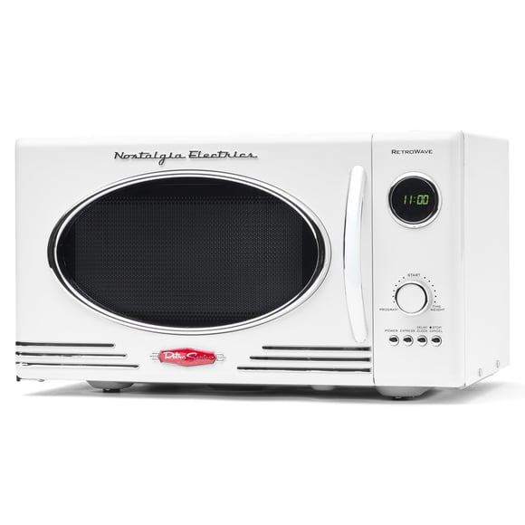 Nostalgia NRMO9WH Horno de microondas, 0.9 Cu. 800 vatios con visualización digital LED, cerradura para niños, interior fácil de limpiar, color blanco