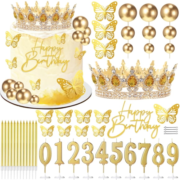 SUTROMA Corona para pastel, topper de corona, velas de cumpleaños, bolas, mariposas, decoraciones para pastel para fiesta de princesa, mujer, reina, boda (dorado ámbar)
