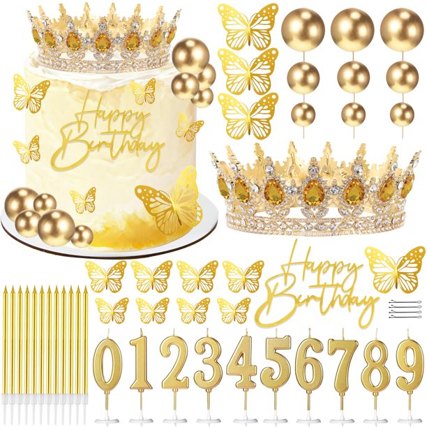 SUTROMA Corona para pastel, topper de corona, velas de cumpleaños, bolas, mariposas, decoraciones para pastel para fiesta de princesa, mujer, reina, boda (dorado ámbar)