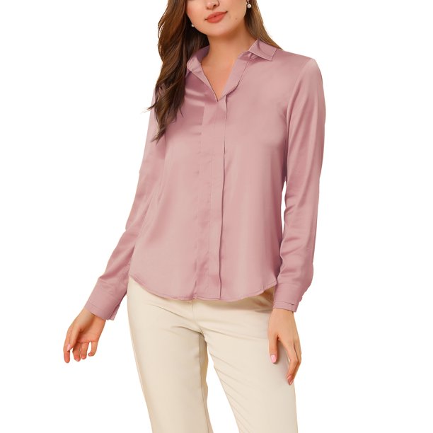INSPIRE CHIC Camisas Elegantes para Mujer Cuello de Punta Manga Larga Blusa de Satén Suave Conjunto para Maestra de Regreso a Clases Rosa Empolvado XS