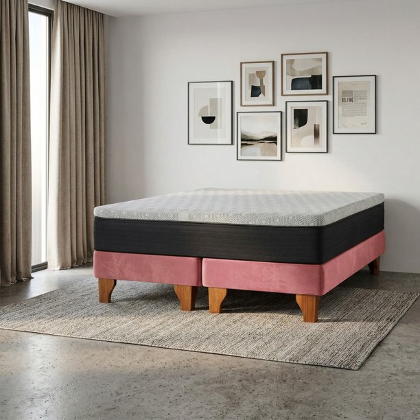 Cama Europea New Top Colchon Resortes 23 Cm 2 Plazas Base Dividida Tela Velvet Palo Rosa