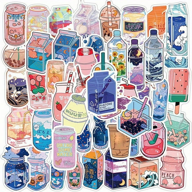 Get Creative with 50pcs Cute Cartoon Drink Decorative Waterproof Stickers for Kids - Perfect for DIY on Water Bottles, Laptops, Cars, Luggage, Cups, Computers, Mobile Phones, and Skateboards