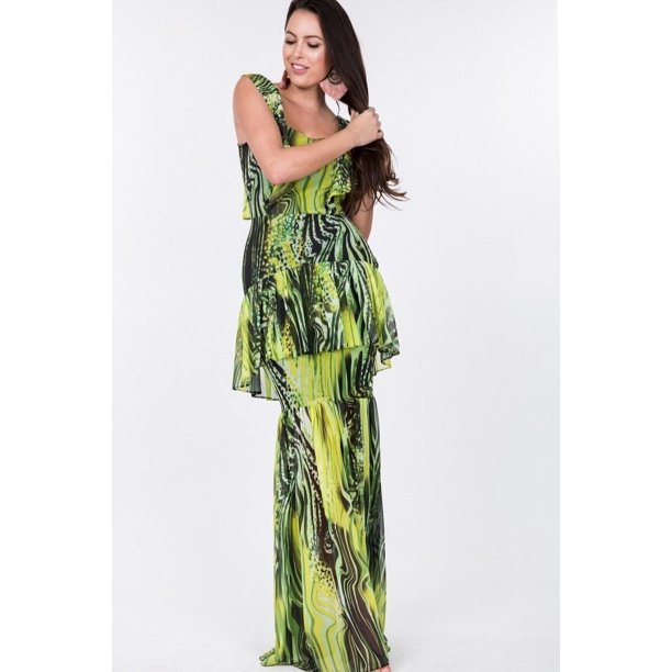 Vestido Largo con Estampado de Volantes y Bajo Escalonado
