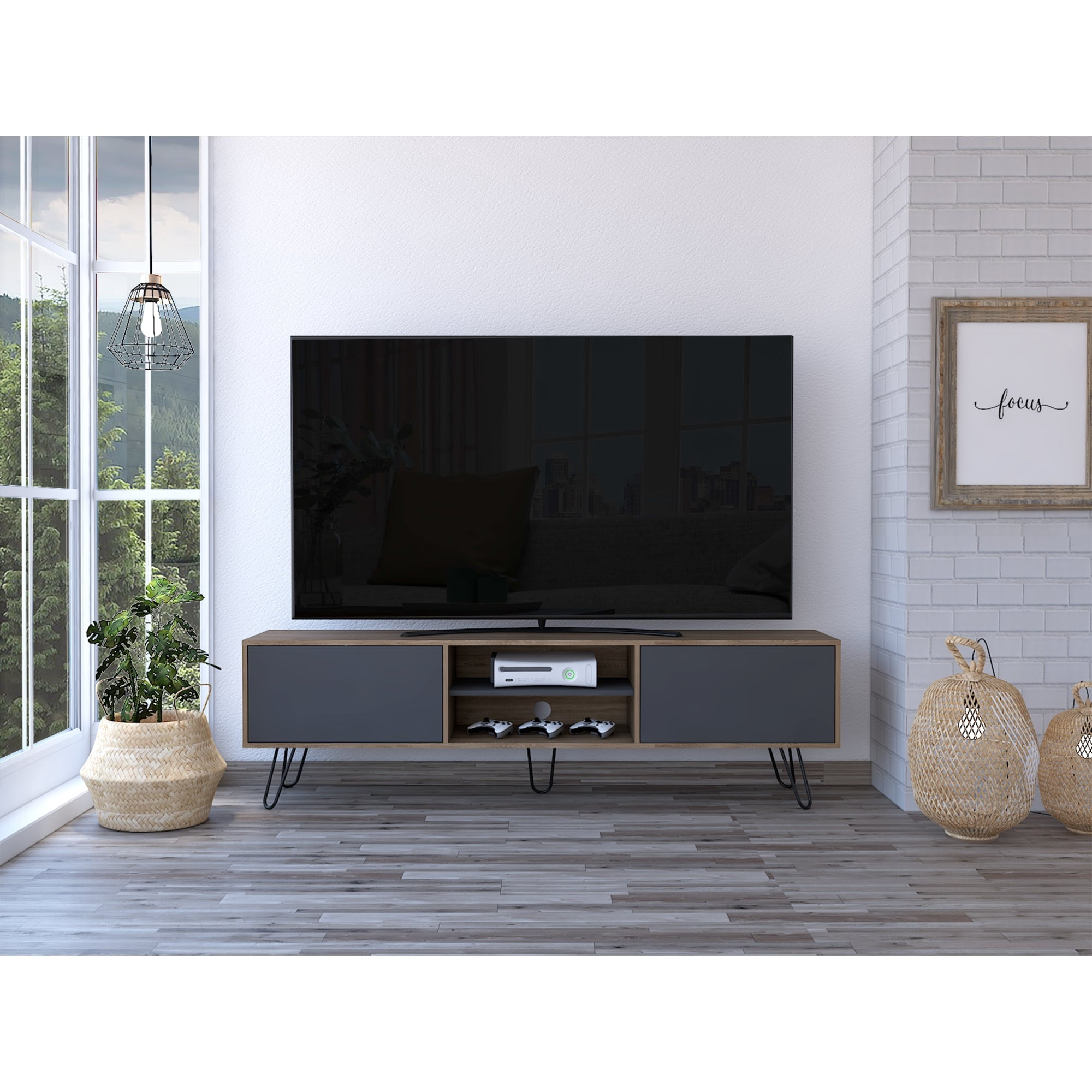 Tuhome - Rack Tv 70" Vassel Miel Y Plomo 52,5x180x35 Cm
