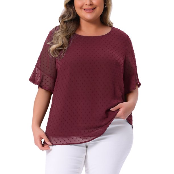 Agnes Orinda Blusa de Lunares Suizos para Mujer de Talla Grande, Cuello Redondo, Manga con Volantes, Camiseta Casual 3X Burdeos