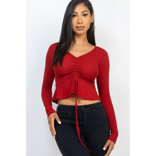 Top Peplum De Manga Larga Con Cordón Delantero Acanalado