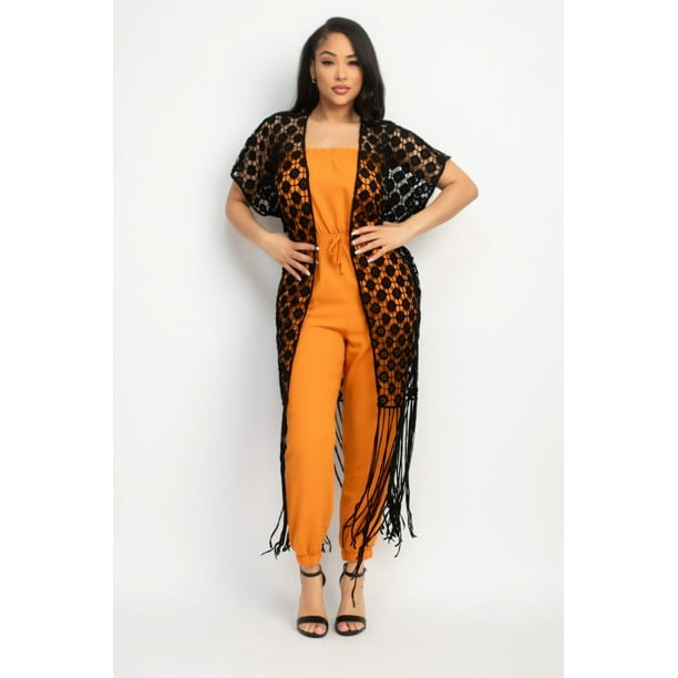 Saronite Kimono de Algodón con Flecos, Manga Corta, Abierto Al Frente y Tejido de Ganchillo, Color Negro (para Mujer)