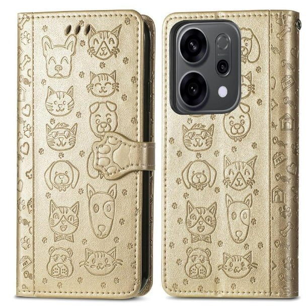 Funda Cartera FOXDOCK para OPPO Reno 14 5G , Flip PU con Relieve de Gatos y Perros, Tarjetero y Soporte