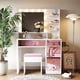 thumbnail image 1 of Vanity Desk with Glass Top and 11 Hollywood Bulbs, 3 Color Lighting Modes, Makeup Vanity with Pink Finish Drawers & Shelves, White Vanity Table with Stool for Bedroom, 1 of 3