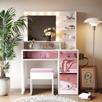 M&Ms - Vanity Desk With Glass Top And 11 Hollywood Bulbs, 3 Color Lighting Modes, Makeup Vanity With Pink Finish Drawers & Shelves, White Vanity Table With Stool For Bedroom