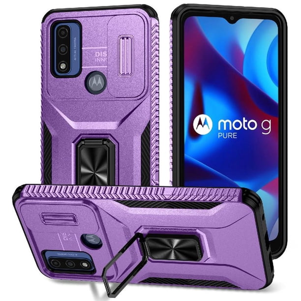Funda Armada para Motorola Moto G Pure 2021 con Tapa Deslizante y Soporte Magnético Giratorio Morado