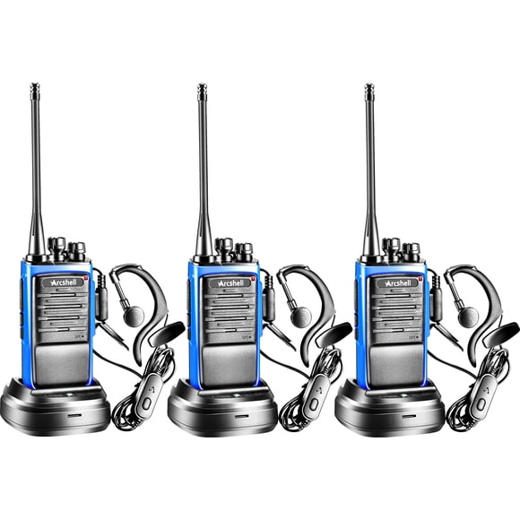 Radios bidireccionales recargables Arcshell de largo alcance con auriculares, paquete de 3 walkie talkies Arcshell AR-6, batería de iones de litio y cargador incluidos