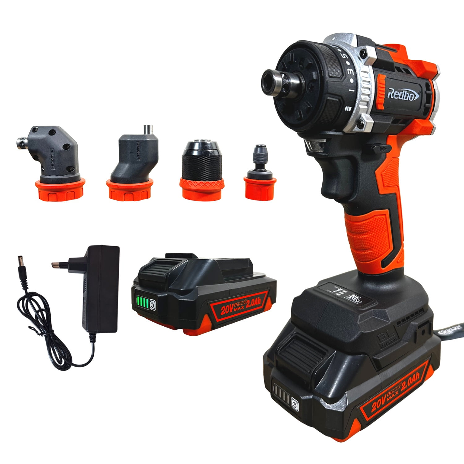 Taladro Atornillador Inalámbrico Redbo 20v Brushless Multi-cabezal (rb-20pblss Plus) + 2 Baterías Y Accesorios