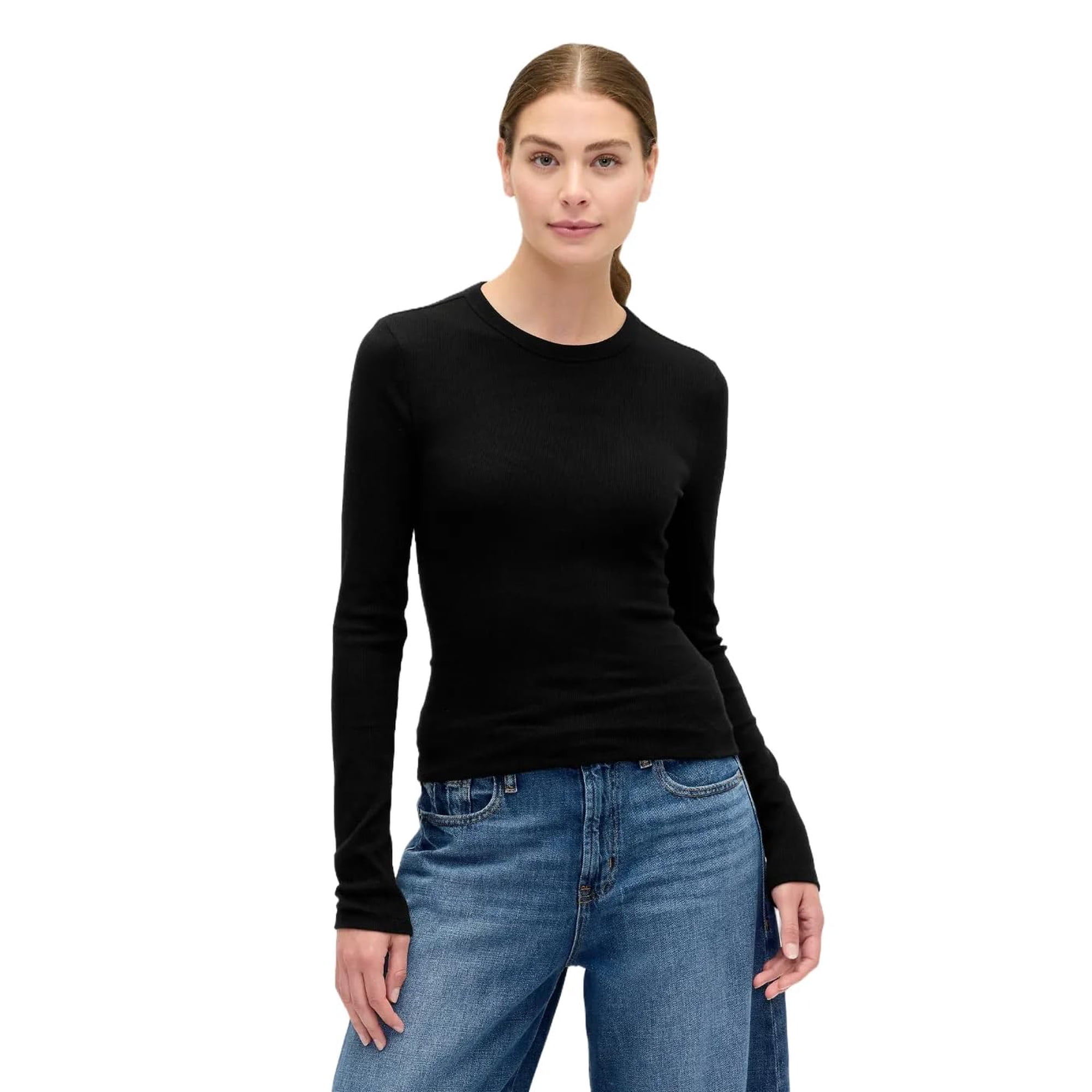 Top Gap Para Mujer, Manga Larga, Color Negro Acanalado, Talla Xxl