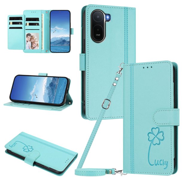 Funda Cartera Trébol para Xiaomi Poco C81 4G con Ranuras Tarjetas y Carga Inalámbrica Verde menta