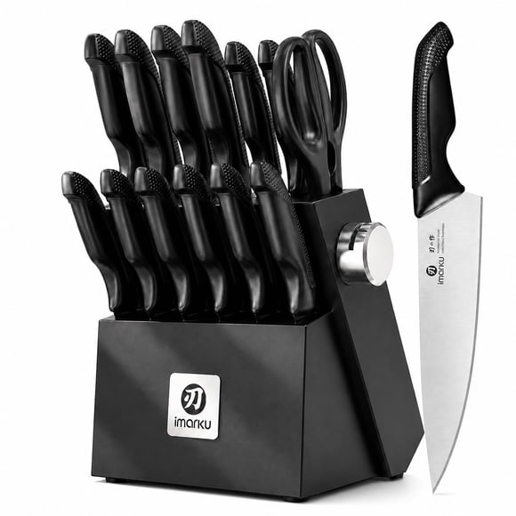 Juego de cuchillos imarku de 14 piezas con bloque y afilador, negro