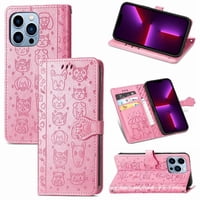 Funda Cartera Foxdock Para Iphone 13 Promax , Flip Pu Con Relieve De Gatos Y Perros, Tarjetero Y Soporte