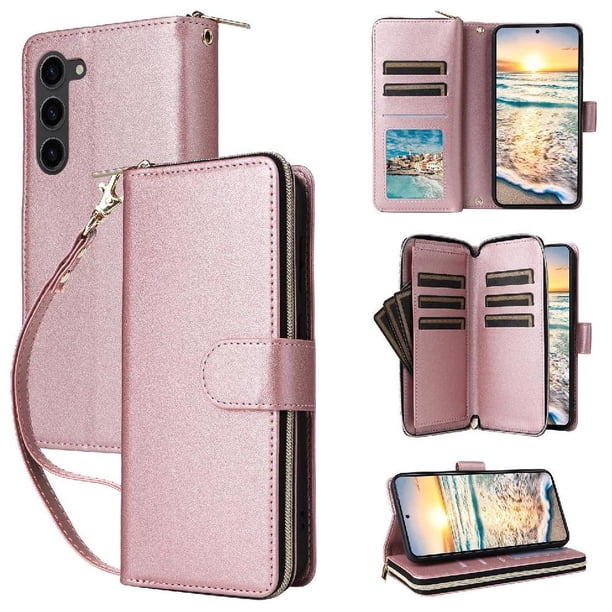 Funda Cartera con Cremallera y Correa para Samsung Galaxy S23 Soporte y Tarjetero Oro rosa