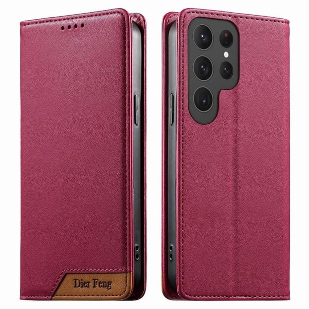 Funda Tipo Cartera de Cuero Sintético para Samsung Galaxy S24 Ultra Bloqueo RFID, con Ranuras para Tarjetas y Bolsillo para Efectivo, Cierre Magnético Fuerte Rojo