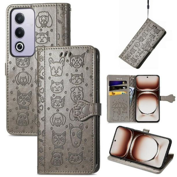 Funda Cartera FOXDOCK para OPPO A3 Pro , Flip PU con Relieve de Gatos y Perros, Tarjetero y Soporte