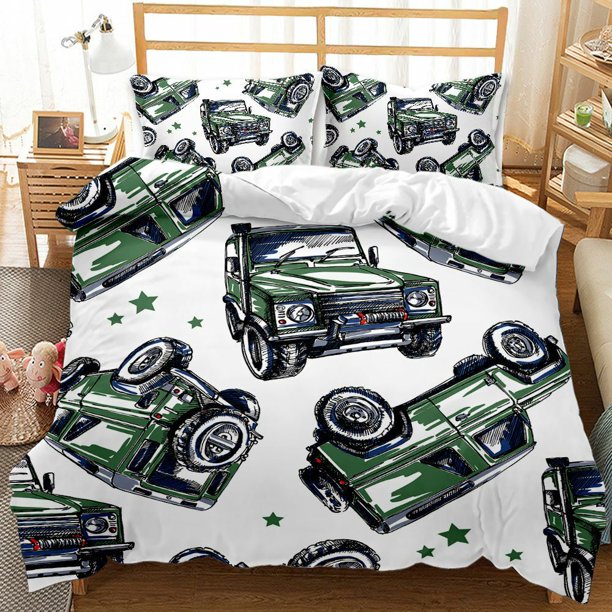 Nice Cool Army Green Truck Quilt Duvet Cover Set Pillow case Print3-Piece Bedding Set (1 Duvet Cover + 2 Pillow Shams)