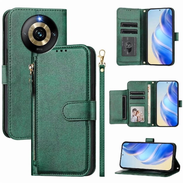 Funda tipo cartera para Realme Narzo 60Pro con bolsillo con cremallera, tarjetero, soporte, correa para la muñeca y tapa de cuero verde