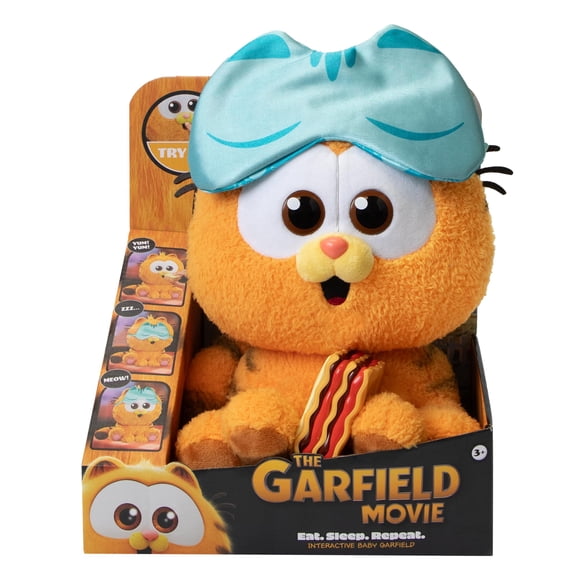 Peluche Animagic Baby Garfield de 25 cm con lasaña y antifaz