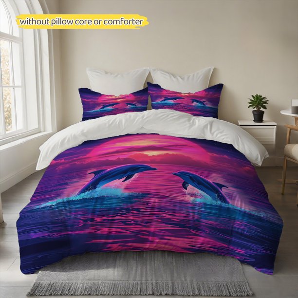 Dreamy Purple Ocean with Twin Dolphins Printed Duvet Cover Set Soft and Fluffy 100% Polyester Fiber Duvet Cover Comfortable and Breathable Without Causing Sweat