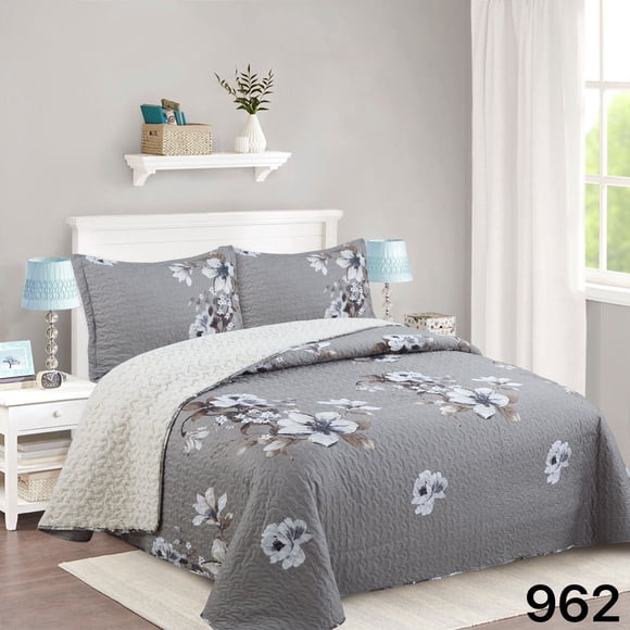 Cubrecama Sherpa 2 Plazas - Gris Flores Blancas M962
