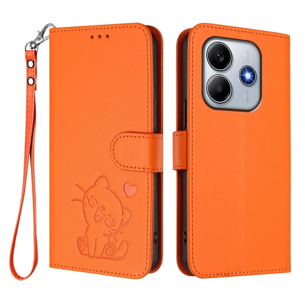 Funda Volteable con Diseño de Gato para Xiaomi Redmi Note 14 5G, Naranja