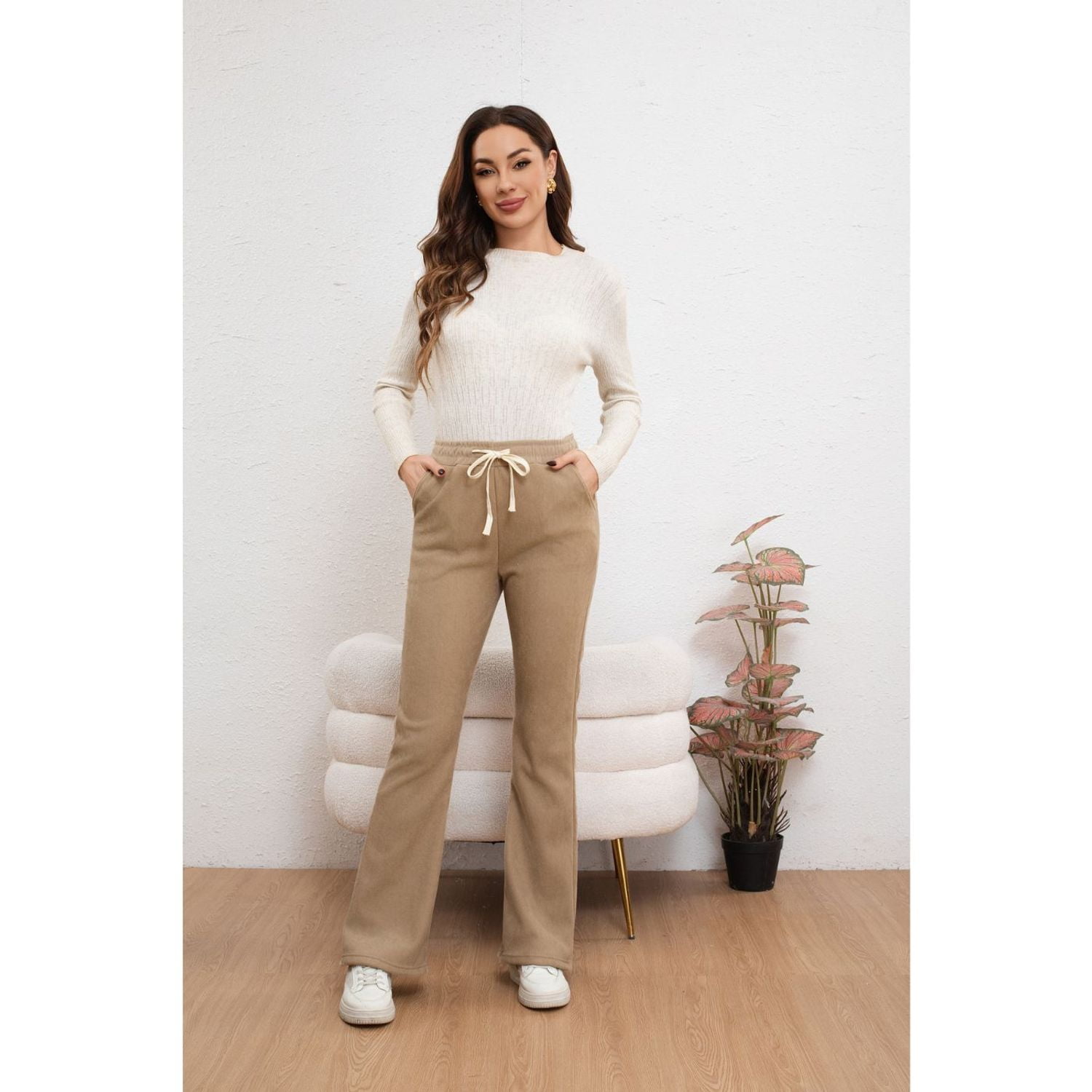 Likeshop - Pantalón Calza Flare Invierno Mujer Forro Frisado Acanalada 7131