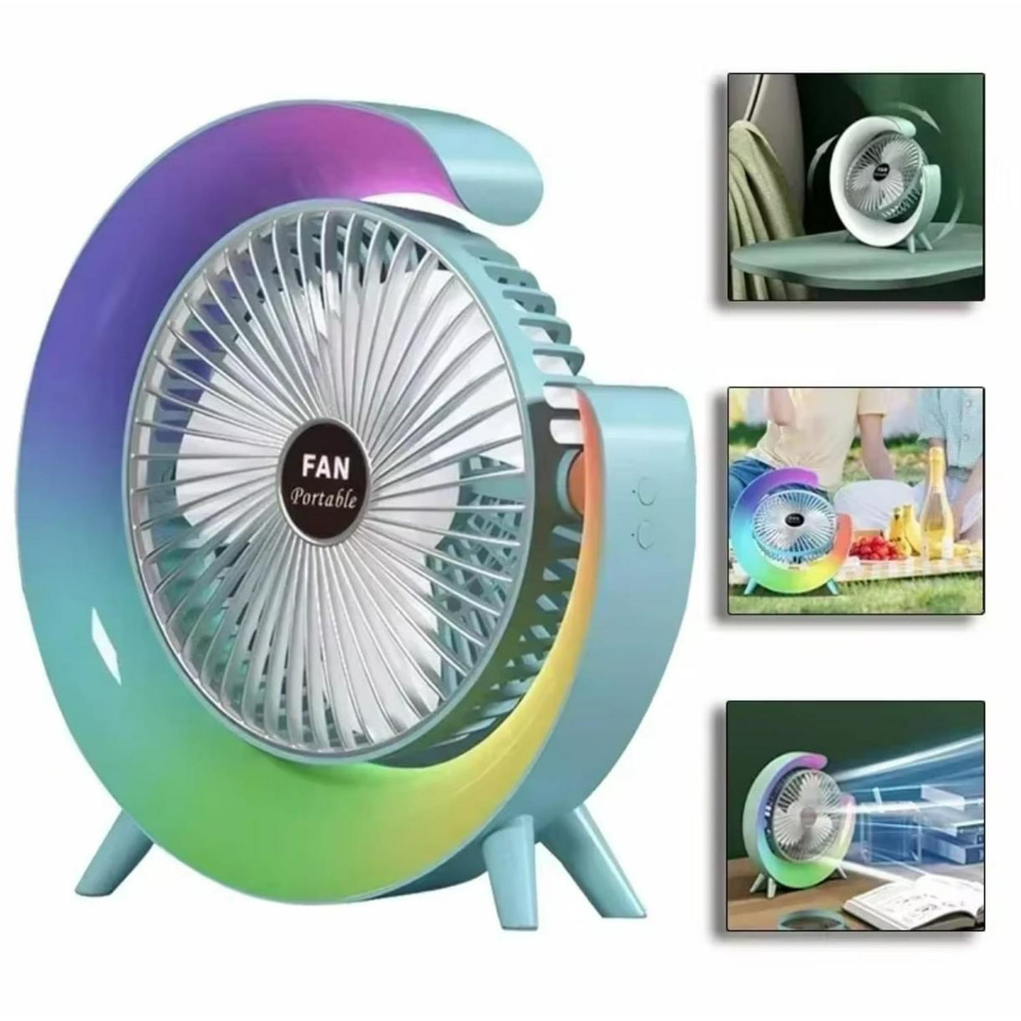 Genérico - Ventilador Portátil Giratorio Con Luz Multicolor Verde Claro