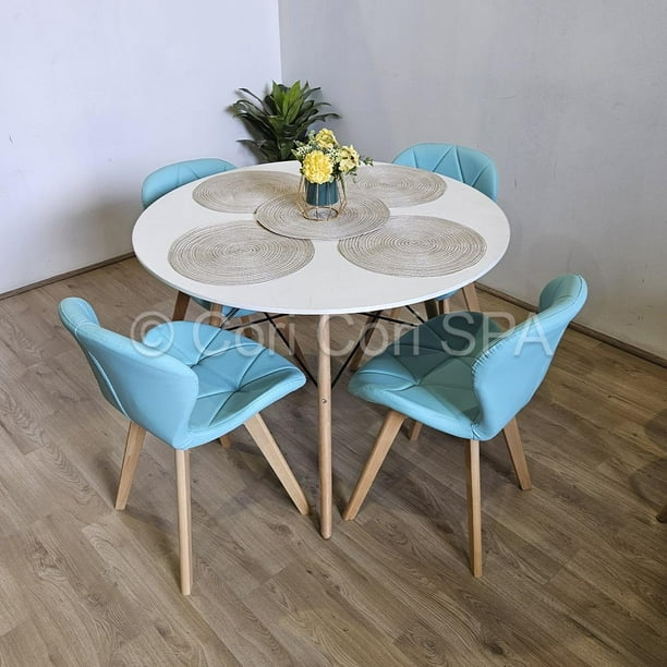 Comedor Mesa blanca 100cms + 4 Sillas Mariposa Wood Menta