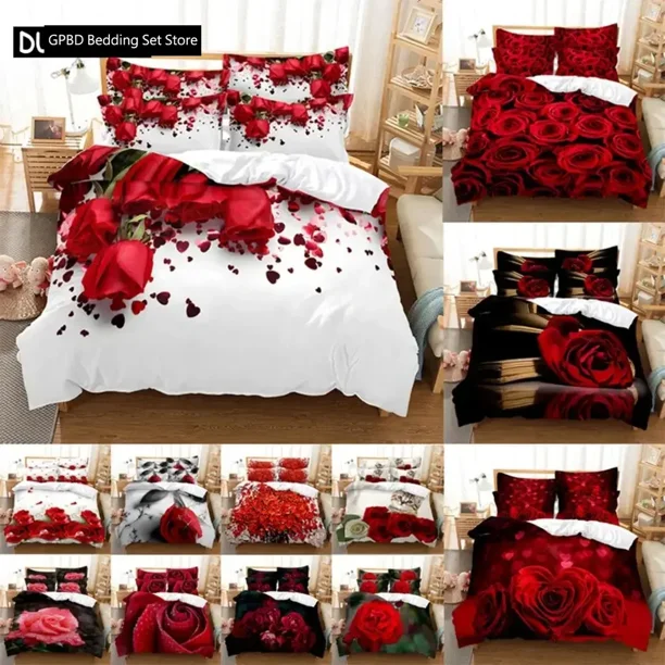Red Rose Bedding Set Quilt Duvet Cover Comforter Pillow Case HD Double PCS Bedroom Flower