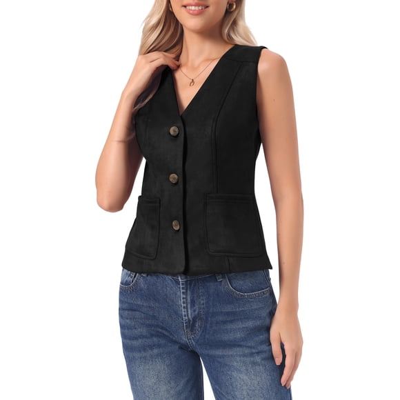 Chaleco de Ante Sintético INSPIRE CHIC para Mujer Abotonado Cuello en V con Bolsillos S Negro