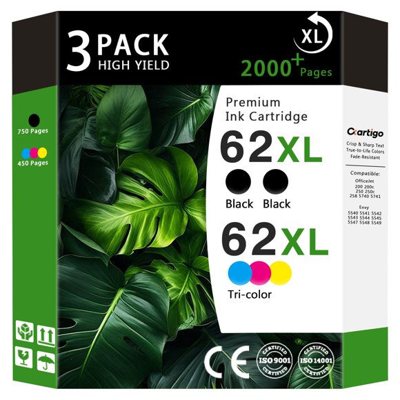Cartuchos de Tinta Cartigo 62XL Paquete de 3 Alto Rendimiento Negro y Color