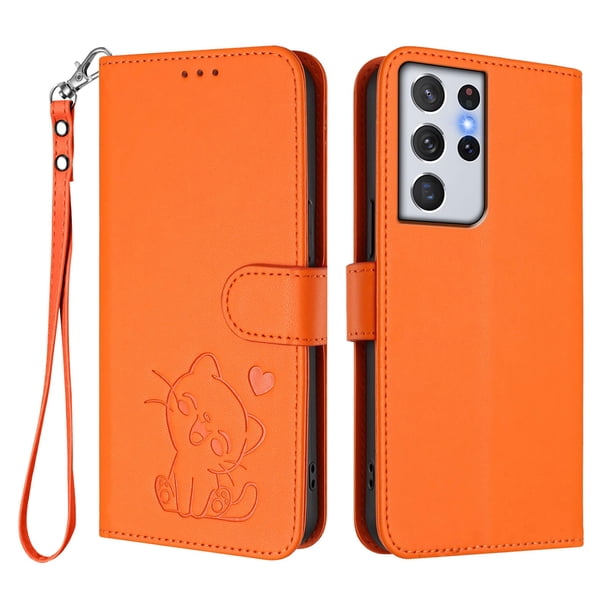 Carcasa Billetera de Cuero Sintético para Samsung Galaxy S21 Ultra, Naranja