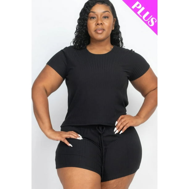 Conjunto De Camiseta Básica De Manga Corta Con Cuello Redondo Y Shorts Con Cordón En La Cintura De Punto Acanalado Color Negro (talla Grande Para Mujer)