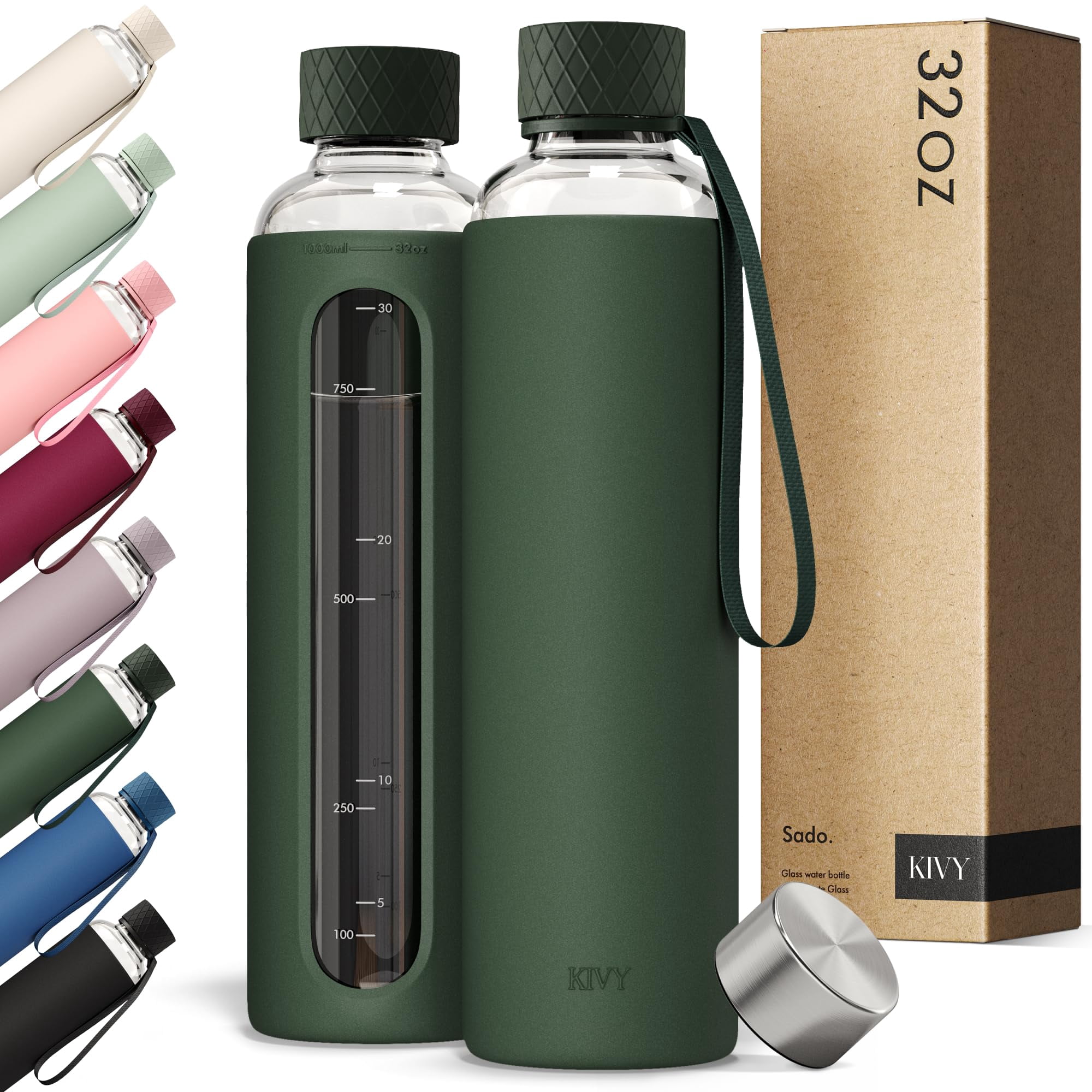Botella De Agua Kivy De Vidrio Borosilicato De 950 Ml Con Funda De Silicona