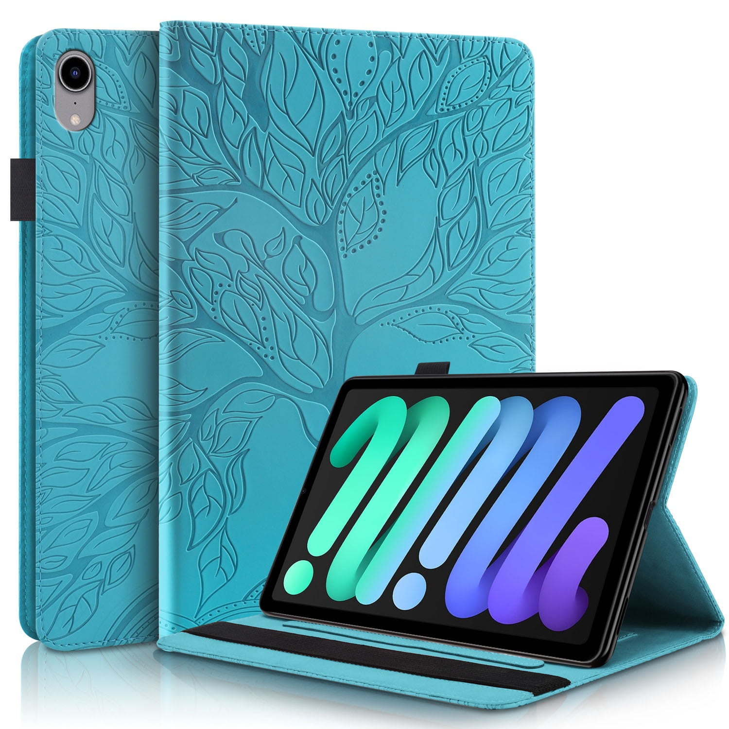 Foxdock - Funda Con Relieve Del Árbol De La Vida Para Tablet Ipad Mini 6 Con Soporte, Ranuras Para Tarjetas Y Soporte Para Lápiz Óptico. Azul
