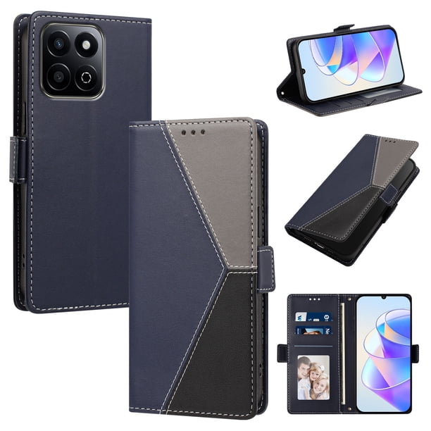 Cartera Plegable para Honor 200 Smart, PU Tricolor con Ranuras, Azul Oscuro
