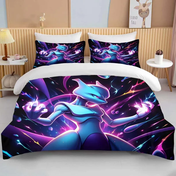 Cartoon Pokemon Mewtwo Printed Soft Bedding Set Duvet Cover 1 Duvet Cover 2 Pillowcases Adult and Children Bedding Set Luxury Bed Sheets