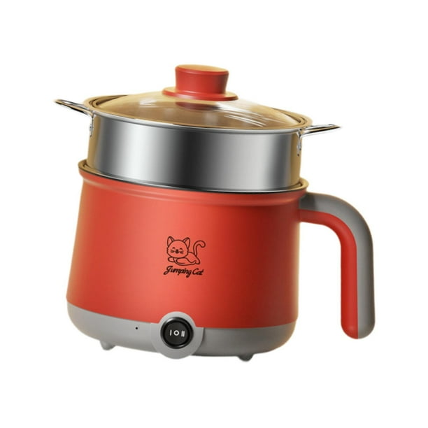 Olla eléctrica portátil de 1,8 l con vaporera para cocinar ramen, 300 W/600 W, ideal para arroz frito, sopa y bistec. Gris rojo