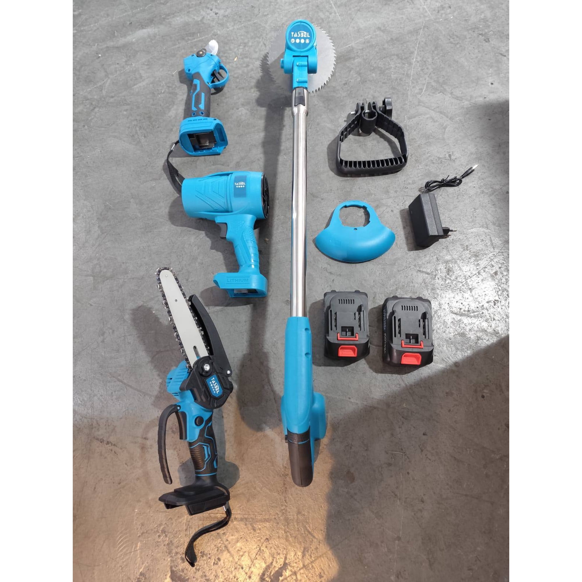 Movi - Kit De Jardineria 6 En 1, Orilladora, Tijera, Mini Motosirrea, Sopladora,2 Corta Setos Y Brazo Telescopico