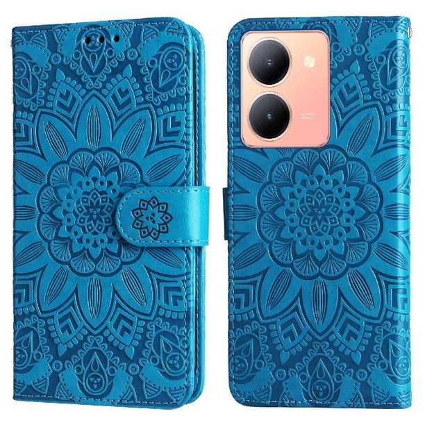 Funda tipo cartera FOXDOCK para Vivo Y78 5G , diseño girasol en relieve, cuero PU, cierre magnético, soporte y tarjetero
